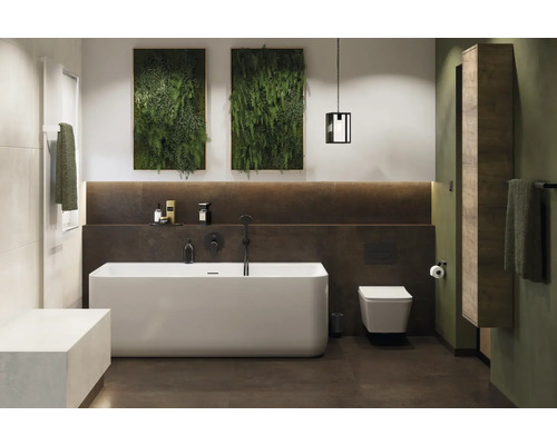 Kúpeľňa s vaňou, toaletou, umývadlom a nástennou dekoráciou s rastlinami