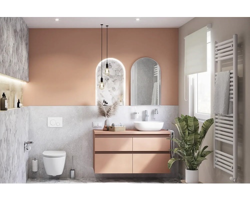 Moderná kúpeľňa s umývadlovou skrinkou, zrkadlovou skrinkou, toaletou a radiátorom