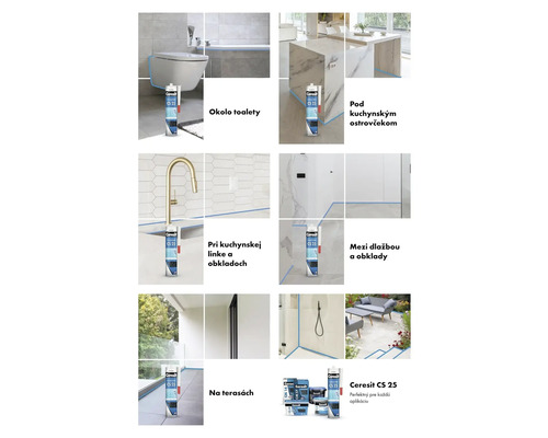 Príklady použitia tmelu Ceresit CS 25 v kúpeľni, kuchyni a na terase