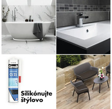 Koláž s návrhmi kúpeľní a exteriérov a tuba Ceresit Flexsilicone CS 25