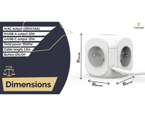 Napájacia kocka so štyrmi AC výstupmi, tromi USB-A výstupmi, jedným USB-C výstupom a káblom s dĺžkou 1,8 metra. Logo Viking Technology.