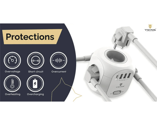 Kocková zásuvková lišta s prepäťovou ochranou, ochranou proti skratu, ochranou proti nadprúdu, ochranou proti prehriatiu a ochranou proti prebitiu