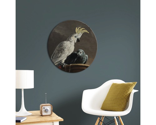 Okrúhla nástenná dekorácia s kakadu a papagájom
