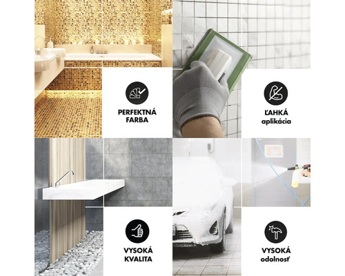 Koláž vlastností produktu: Dizajn kúpeľne, spracovanie dlaždíc, zobrazenie materiálu, umývanie áut a pečate kvality