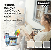 Farebná kolekcia silikónov a škárovacích hmôt s dokonale zladenými farbami, vrátane loga Ceresit a ženy čítajúcej knihu