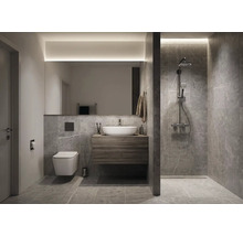 Moderná kúpeľňa so sprchou, umývadlom, zrkadlom a toaletou