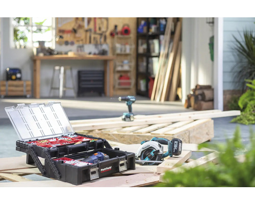 Dielňa so súpravou náradia, kotúčovou pílou a akumulátorovým skrutkovačom