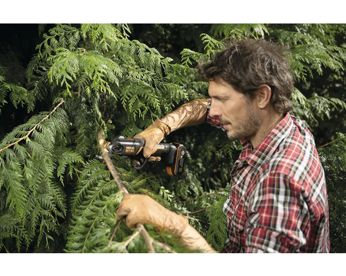 Muž strihá konáre stromu akumulátorovou prerezávacou pílou.