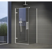 Sprchovací kút walk-in s hlavovou sprchou a armatúrou v moderne zariadenej kúpeľni.