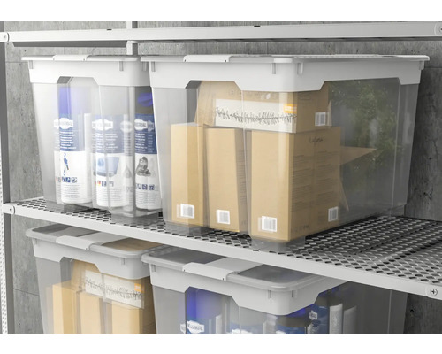 Regál s priehľadnými úložnými boxmi a viečkami