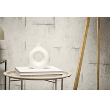 Dekoratívna stena s cementovou štruktúrou a opretým dreveným prvkom.