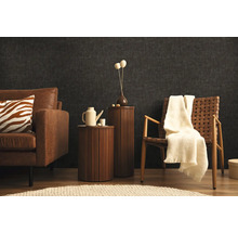 Obývacia izba s pohovkou, kreslom a príručnými stolíkmi pred tmavou stenou