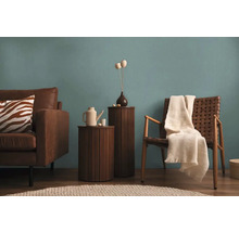 Obývacia izba s hnedou koženou sedačkou, dreveným stolom, ratanovým kreslom a dekoráciou