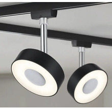 Dva okrúhle, čierne LED reflektory na lište