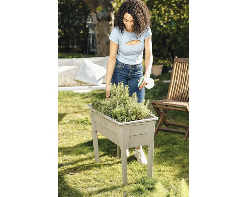 Žena polieva bylinky vo vyvýšenom záhone v záhrade.