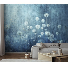 Obývacia izba s modrou fototapetou s motívom púpavy