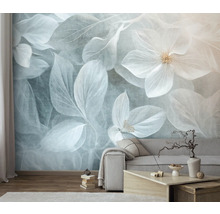 Obývacia izba s fototapetou s motívom kvetov a listov