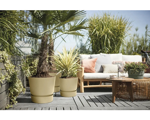 Scéna s rastlinami v kvetináčoch na terase s posedením.