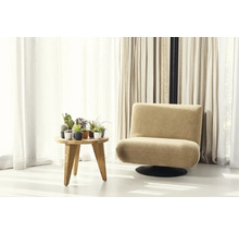 Scéna s kreslom, odkladacím stolíkom a rôznymi črepníkovými rastlinami pred oknom so závesmi