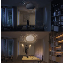 Porovnávací snímka pracovne so stropným svietidlom raz so stlmeným a raz s jasným svetlom.