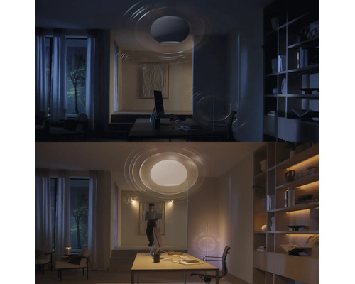 Porovnávací snímka pracovne so stropným svietidlom raz so stlmeným a raz s jasným svetlom.