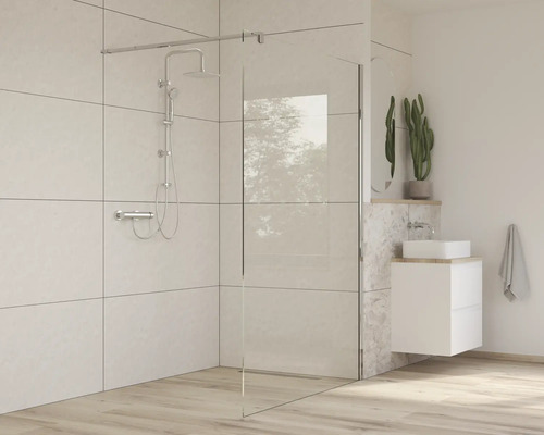 Moderná kúpeľňa so sprchovacím kútom, sprchovacou batériou a umývadlom