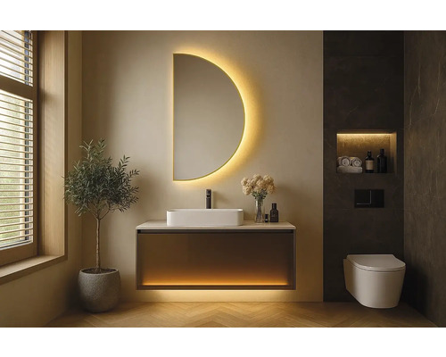 Moderná kúpeľňa s umývadlom, zrkadlom s osvetlením a závesným WC