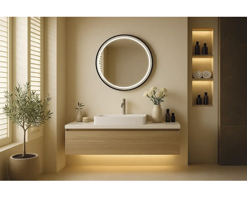 Kúpeľňa s umývadlom, zrkadlom s osvetlením a rastlinou