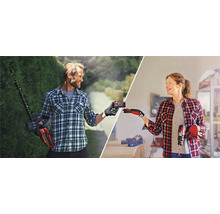 Muž s nožnicami na živý plot a žena s vŕtačkou si vymieňajú batériu.