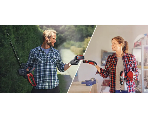 Muž s nožnicami na živý plot a žena s vŕtačkou si vymieňajú batériu.