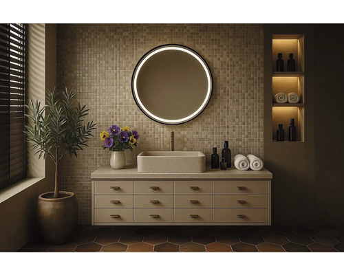 Moderná kúpeľňa s umývadlovou skrinkou, umývadlom na dosku a osvetleným zrkadlom