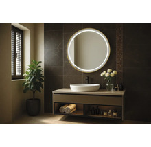 Moderná kúpeľňa s okrúhlym zrkadlom, umývadlom a rastlinou