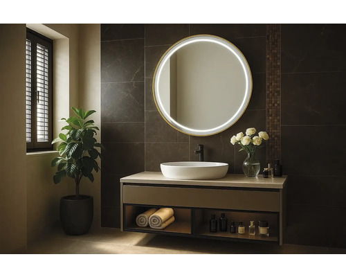 Moderná kúpeľňa s okrúhlym zrkadlom, umývadlom a rastlinou