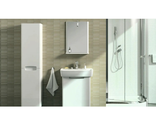 Kúpeľňa s umývadlom, zrkadlovou skrinkou, vysokou skrinkou a sprchou