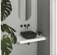 Moderná kúpeľňa s čiernym umývadlom na dosku, nástennou batériou a zrkadlom