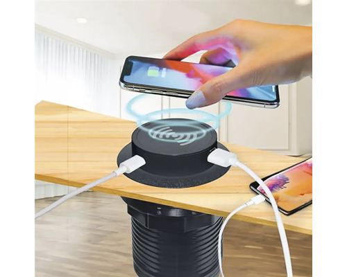 Elektrická stolová zásuvka s USB portami a funkciou bezdrôtového nabíjania pre telefóny