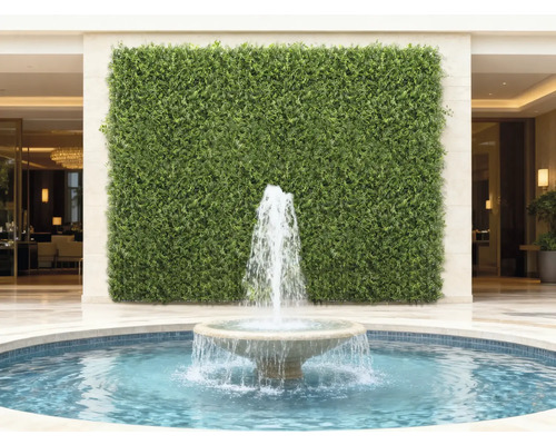 Dekoratívna zelená stena s fontánou v popredí