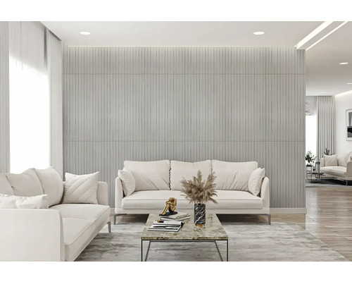 Obývacia izba s pohovkami, konferenčným stolíkom a štruktúrovaným obkladom stien pre moderný dizajn interiéru.