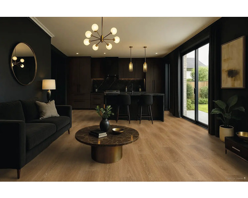 Obývacia izba s pohovkou, konferenčným stolíkom a otvorenou kuchyňou s barovým stolom