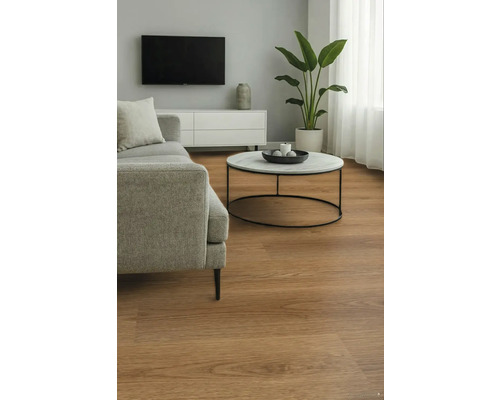 Obývacia izba s pohovkou, konferenčným stolíkom a drevenou podlahou