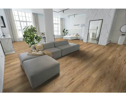 Svetlá obývacia izba s drevenou podlahou, pohovkou a posteľou