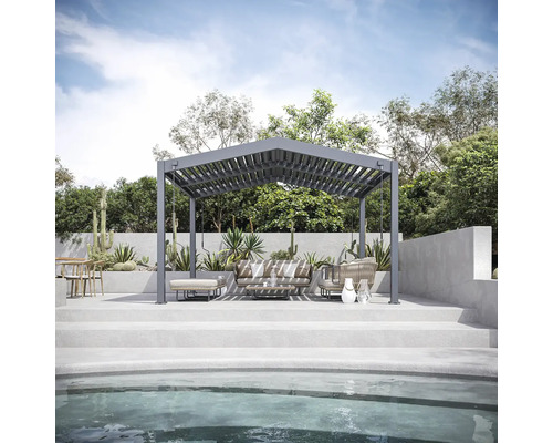 Moderný dizajn záhrady s pergolou, posedením a bazénom