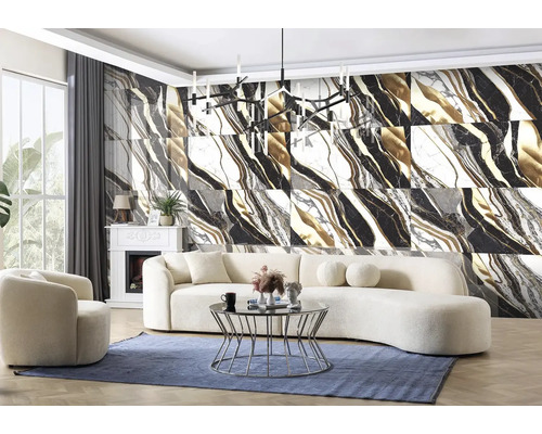 Obývacia izba s mramorovou stenou, pohovkou a konferenčným stolíkom