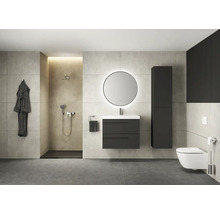 Kúpeľňa so sprchou, umývadlovou skrinkou, zrkadlovou skrinkou, vysokou skrinkou a toaletou