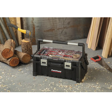 Box na náradie Pattfield so skrutkami a klincami vedľa sekery a píly