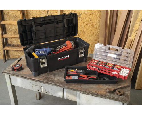 Otvorený kufor s náradím, nástroje a sortimentný box