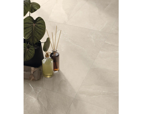 Dlaždicová podlaha s rastlinou, dávkovačom mydla a vonnými tyčinkami pre štýlový dizajn interiéru