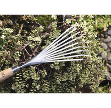 Kovové vejárovité hrable s drevenou rukoväťou pred zelenými rastlinami