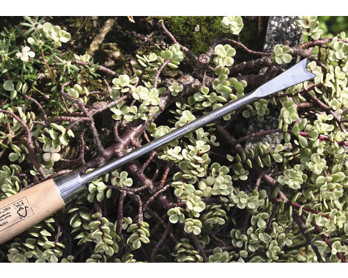 Vypichovač buriny s drevenou rukoväťou pred rastlinami