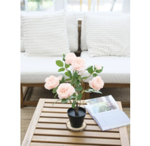 Dekoratívna umelá ruža v kvetináči na drevenom stole